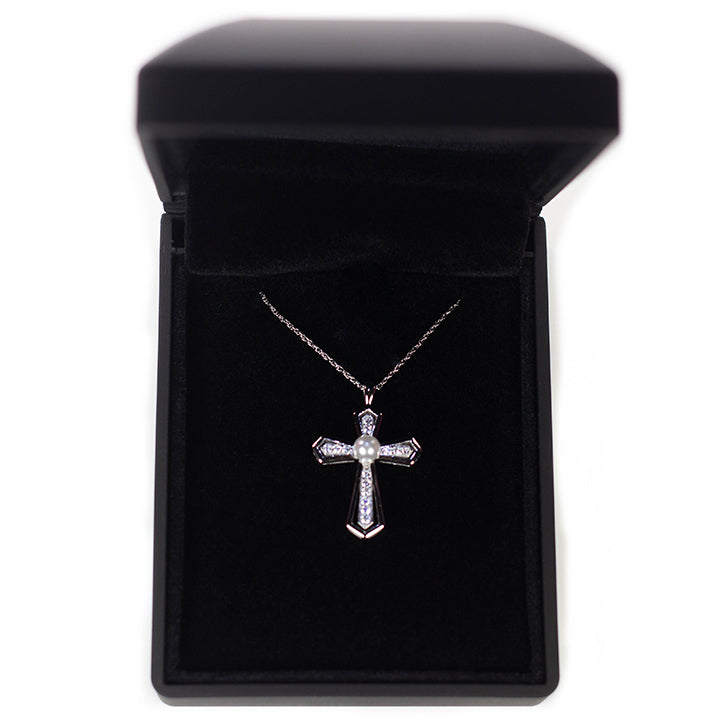 Fully Sterling Silver Cross Pendant with Simulated Pearl and Navy Blue or Black Luxury Box