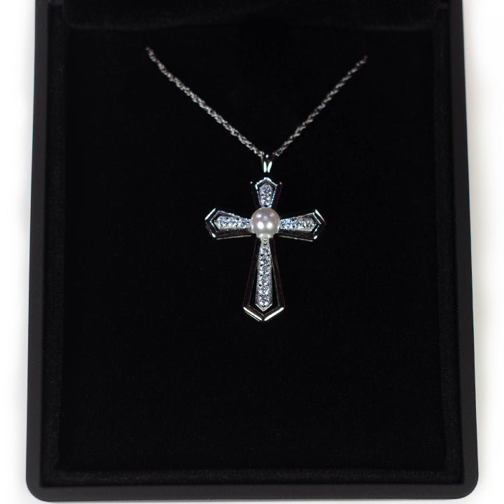 Fully Sterling Silver Cross Pendant with Simulated Pearl and Navy Blue or Black Luxury Box