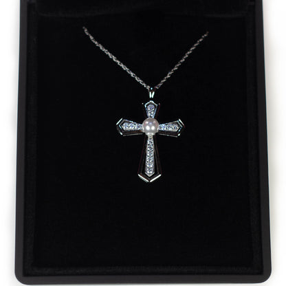 Fully Sterling Silver Cross Pendant with Simulated Pearl and Navy Blue or Black Luxury Box