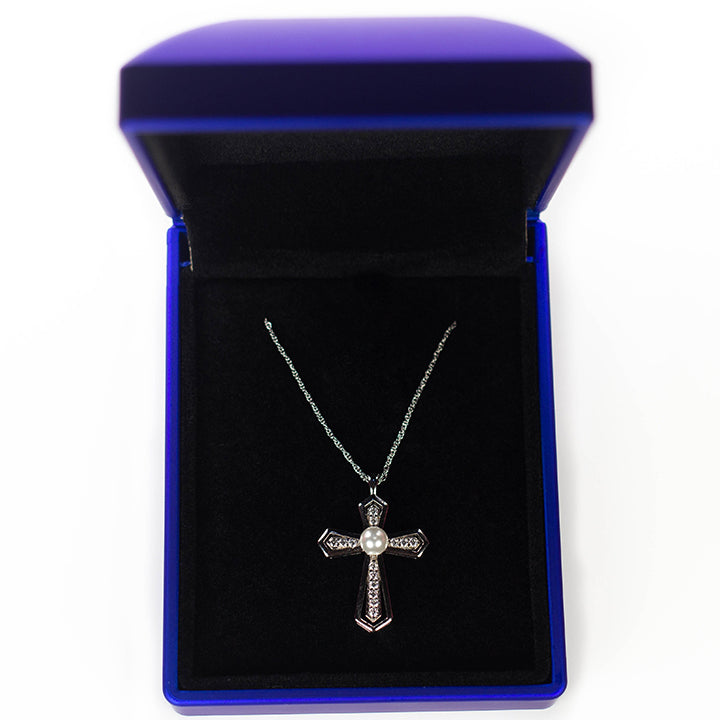 Fully Sterling Silver Cross Pendant with Simulated Pearl and Navy Blue or Black Luxury Box