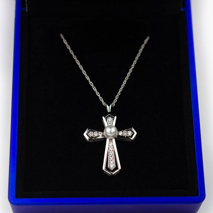 Fully Sterling Silver Cross Pendant with Simulated Pearl and Navy Blue or Black Luxury Box