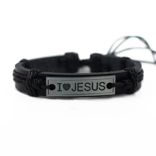 I LOVE JESUS VINTAGE LEATHER BRACELET "BLACK"