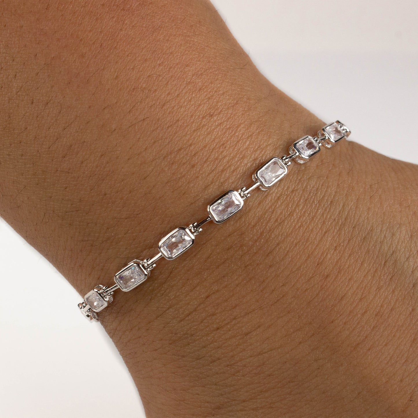 BAGUETTE CUBIC ZIRCONIA SILVER BRACELET - 7 INCHES LONG