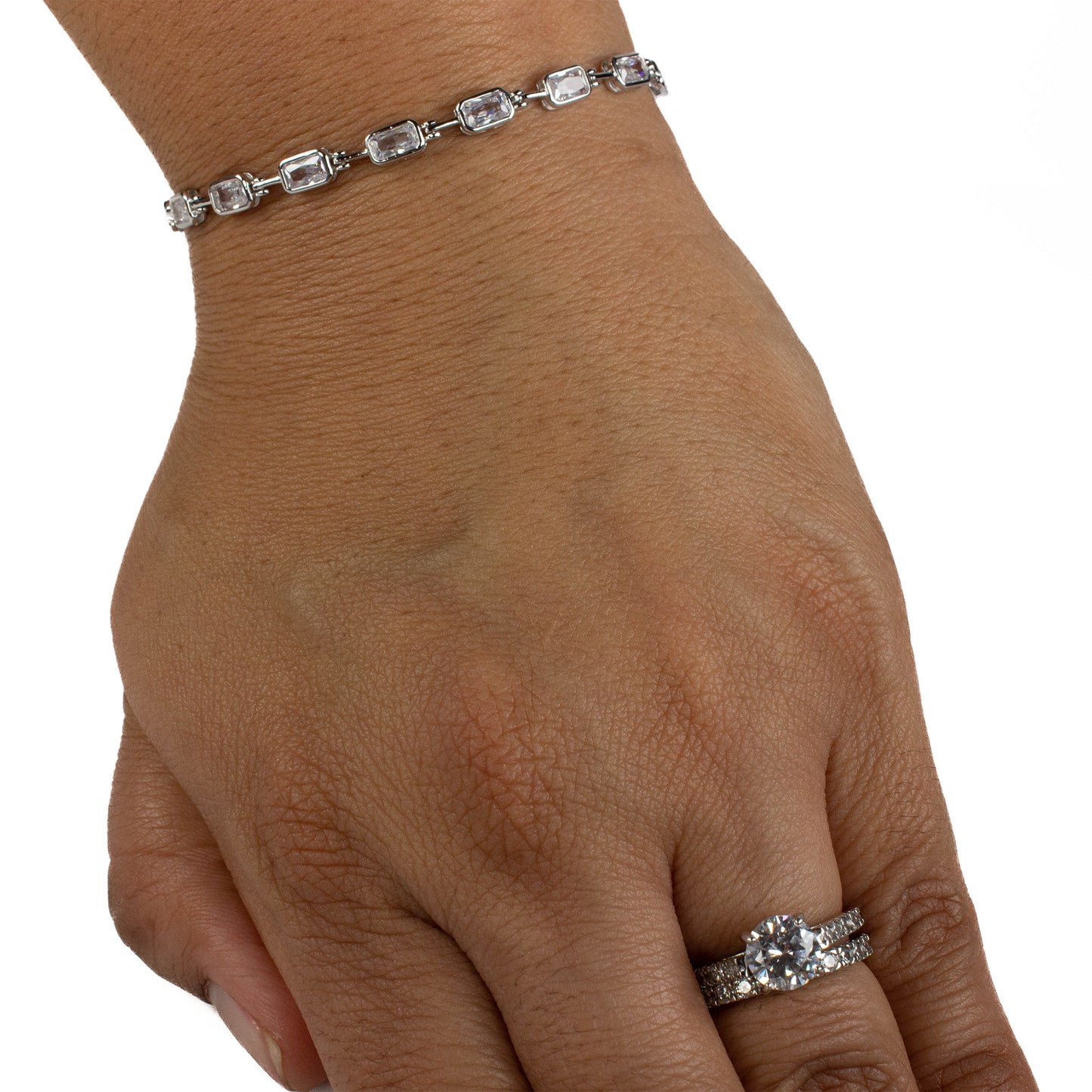 BAGUETTE CUBIC ZIRCONIA SILVER BRACELET - 7 INCHES LONG