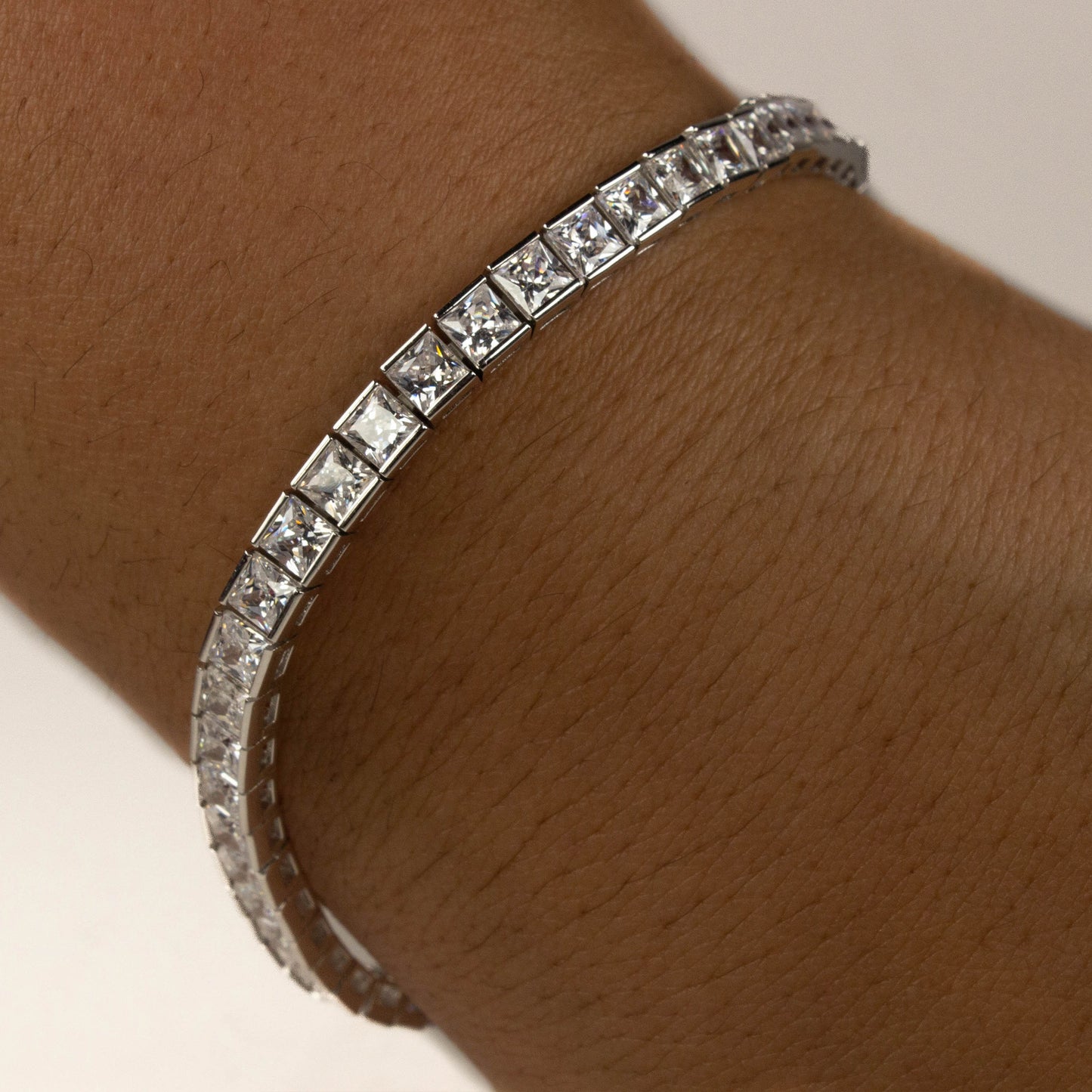 PRINCESS CUT TENNIS SILVER BRACELET - 4 MM CUBIC ZIRCONIA 7 INCHES LONG