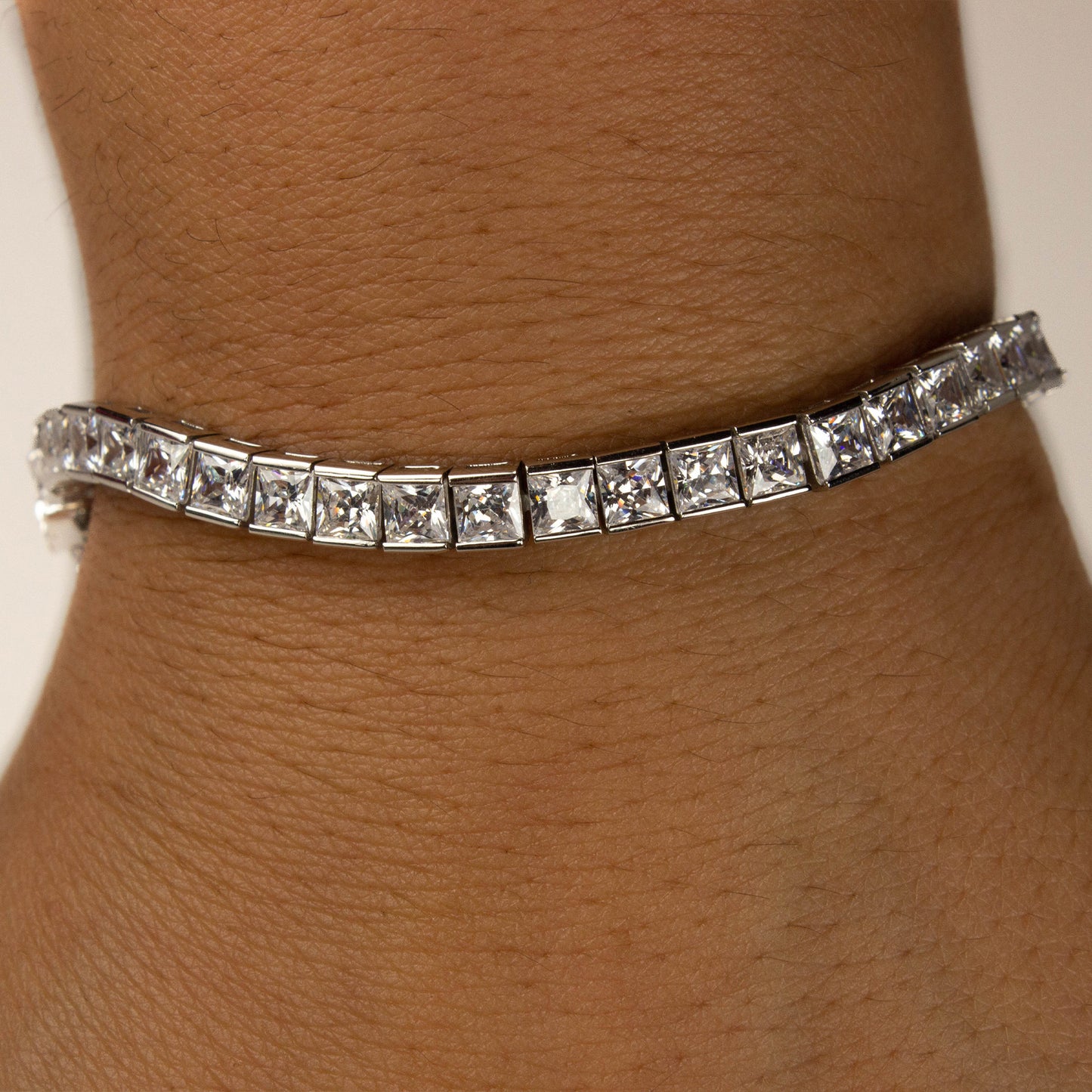 PRINCESS CUT TENNIS SILVER BRACELET - 4 MM CUBIC ZIRCONIA 7 INCHES LONG